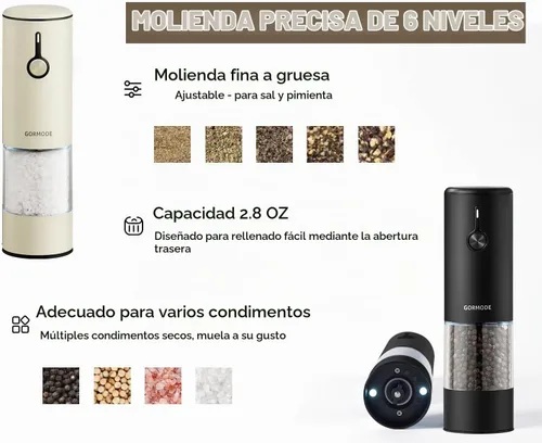 Vista 3 de Juego de molinillo eléctrico recargable de acero inoxidable para sal y pimienta, carga USB con cubierta antipolvo, 6 modos de molienda ajustables +