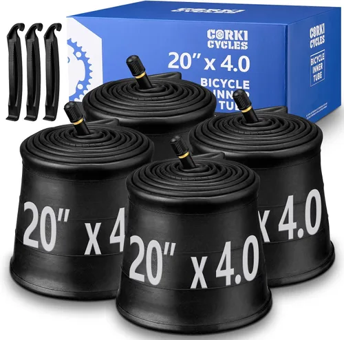 Vista 3 de Corki Cycles 20 Inch Fat Tire Tube 4 Pack 20x3.0 20x3.5 20x4.0 Standard Schrader Valve 32mm, Butyl Rubber 20 Bike Inner Tube