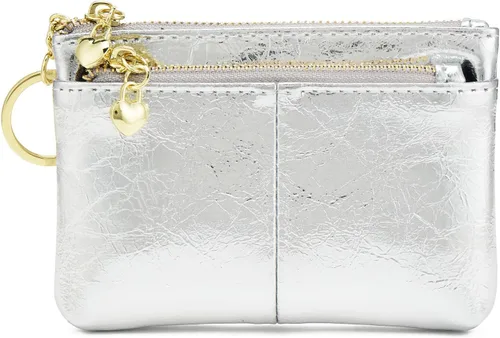 Vista 19 de Mini monedero con cremallera de cuero genuino para mujer, con llavero con triple cremallera, tarjetero Negro