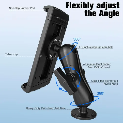 Vista 3 de Soporte de aluminio resistente para tableta para camión, base de taladro para automóvil, vehículos comerciales, tablero, barco y pared, compatible