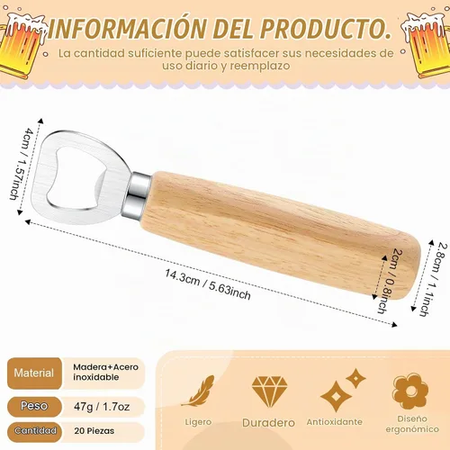 Vista 2 de Abridor de botellas de acero inoxidable con mango de madera, 20