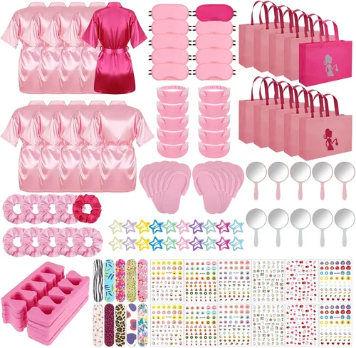 Vista 9 de 122 piezas Kit de fiesta de spa rosa y rosa intenso para niñas, paquete de 10 recuerdos de fiesta de pijamas con batas de satén, bolsas de mano