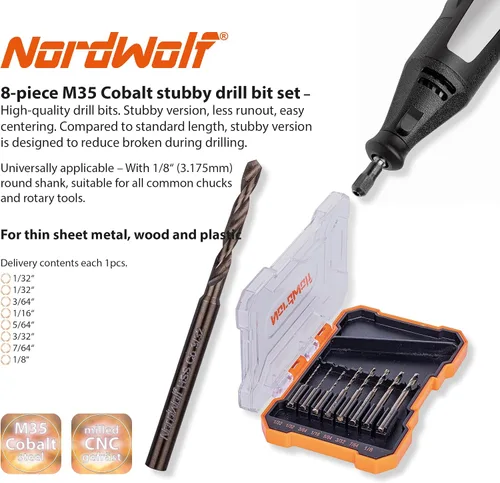 Vista 2 de NordWolf Juego de 8 brocas multiusos de cobalto M35, con vástago recto de 1/8 pulgadas para herramientas rotativas, tamaños SAE