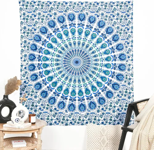 Vista 16 de Tapiz para pared con diseño hippie de mandala, bohemia e hindú Azul y verde