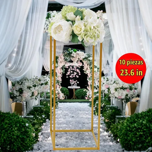 Vista 9 de 10 soportes dorados para flores de boda, jarrón geométrico rectangular, soporte de columna de metal, columnas para decoración del hogar, eventos 10