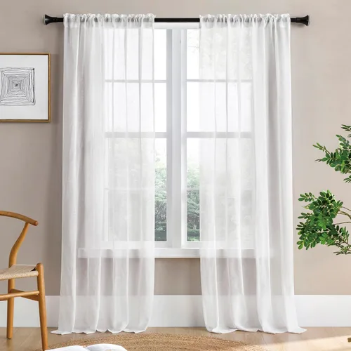 Vista 14 de Cortinas rústicas para ventana de cocina, cortinas de lino transparentes con bolsillo para barra para ventanas cortas, juego de 2 paneles, 42