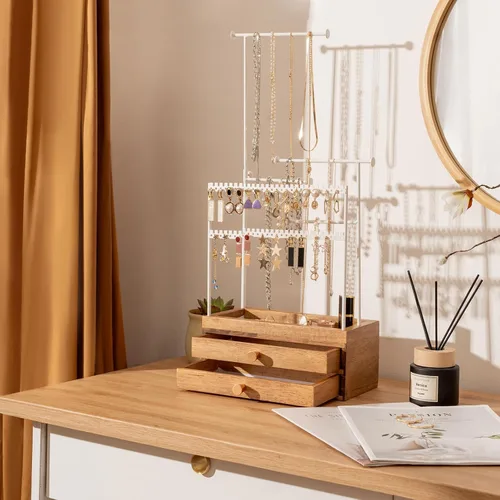 Vista 4 de Organizador de joyas de madera con 2 cajones, regalos para el día de San Valentín para mujeres y niñas, 5 niveles de altura ajustable, organizador
