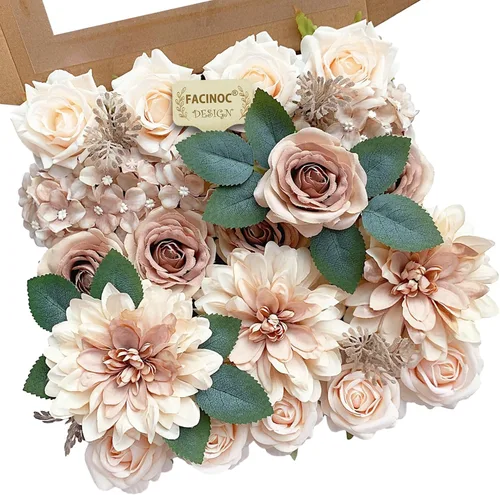 Vista 11 de FACINOC Juego de ramos de flores artificiales de rosas artificiales para bricolaje, decoración de despedida de soltera, arreglos florales falsos