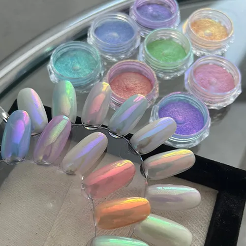 Vista 7 de Brillo holográfico para uñas, arco iris, neón, cromado, efecto de polvo de uñas, decoración de escamas, punta de polvo de uñas cromada, accesorios