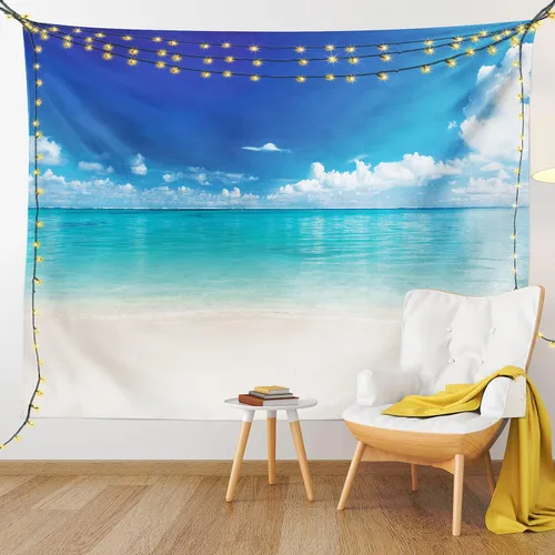 Vista 9 de Lunarable Tapiz oceánico, playa de arena costera natural y costa caribeña vista del paraíso celestial, decoración de tela para colgar en la pared
