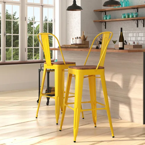 Vista 10 de Merrick Lane Amsterdam Taburete de bar – Silla de bar de metal negro antiguo con asiento de madera – Taburete de cocina con respaldo curvado