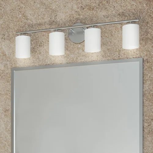 Vista 2 de Progress Lighting Lámpara moderna de tocador de baño de cristal blanco grabado con 4 luces, colección Replay, níquel cepillado (P2160-09)