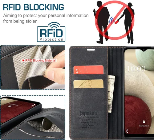 Vista 2 de Funda tipo cartera para Samsung Galaxy A12 con tarjetero [bloqueo RFID] atril magnético, funda de cuero con tapa para Samsung Galaxy A12 (negro)