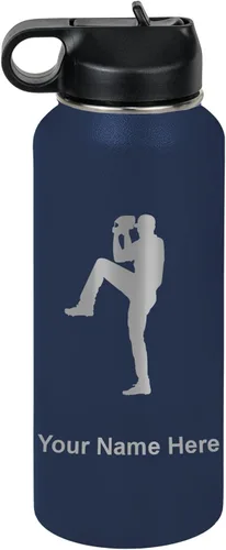 Vista 56 de LaserGram Botella de agua personalizada, jarra de béisbol, acero inoxidable de doble pared aislada al vacío con popote superior, regalo grabado Negro