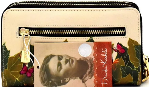 Vista 4 de Trendeology Auténtica cartera con licencia de Frida Kahlo Picture de piel sintética con doble cremallera, Baby Frida - Tema de dibujos animados