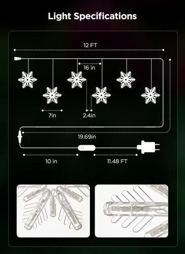 Vista 6 de Brightown - Luces colgantes inteligentes de copo de nieve, 12 pies, 96 ledes, 8 gotas, sincroniza con música, control desde la app, impermeable, más