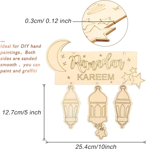 Vista 2 de Boao Placa colgante de madera de Ramadán, 2 piezas, farol, ornamento de pared, decoración del hogar para Eid Ramadán, 2 piezas