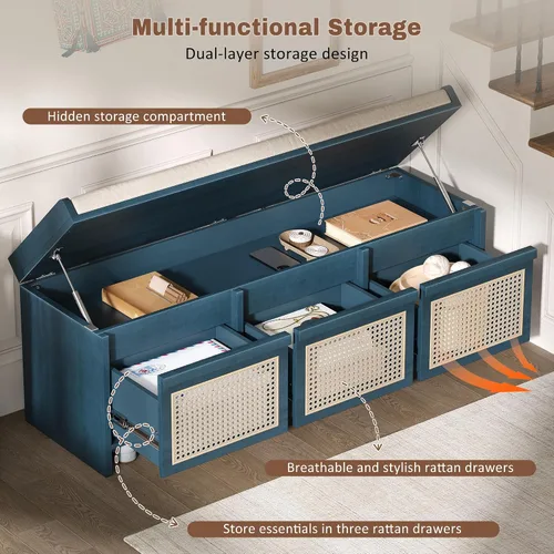 Vista 5 de Entryway Cushioned Storage Shoe Bench，Antique Navy-Q