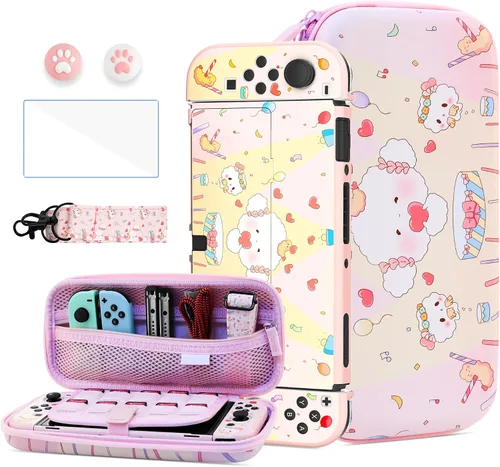 Vista 17 de HYPERCASE 8 in 1 Cute Anime Switch OLED Accessories Bundle, with Pink Switch OLED Carrying Travel Case, Hard PC Protective Cover Skin, HD Screen