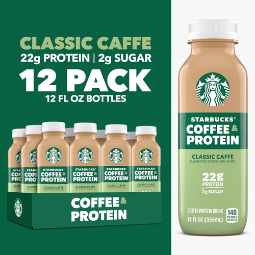 Vista 3 de Starbucks Café y proteínas, Classic Caffe, botellas de 12 onzas líquidas, (paquete de 12), 0.76 oz de proteína, 0.78 oz de azúcar, sin azúcar