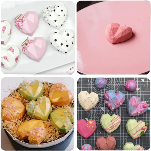 Vista 5 de Paquete de 2 moldes de chocolate con forma de corazón de diamante – Molde de pastel de mousse de corazón 3D de 15 agujeros – Mini molde de silicona