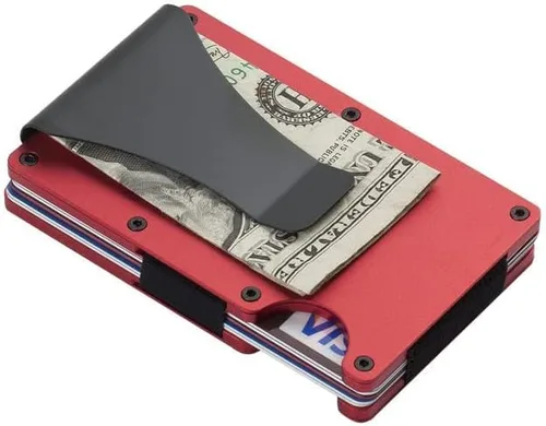 Vista 2 de Billetera delgada de aluminio con bolsillo frontal para hombre clip de dinero simple con bloqueo RFID minimalista Rojo Minimalista