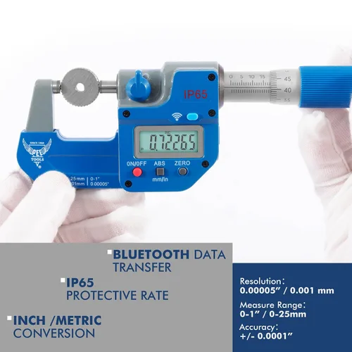 Vista 2 de PEC Tools Micrómetro digital absoluto Bluetooth 0-1"/25mm, IP65 a prueba de aceite y salpicaduras, herramienta de medición Bluetooth de alta