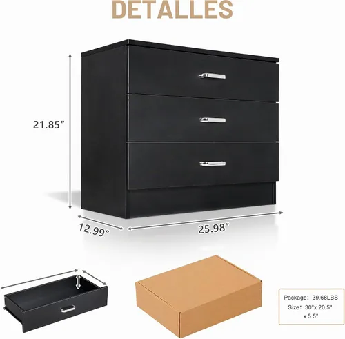 Vista 2 de Vasitelan Cómoda de madera con 3 cajones, cómoda de almacenamiento moderna, mesita de noche de madera para dormitorio, sala de estar (negro)