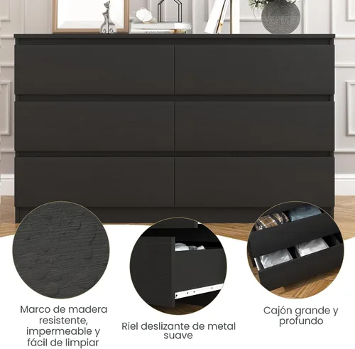 Vista 5 de Cómoda negra para dormitorio, cómoda moderna de 6 cajones con cajón profundo, amplia cómoda de almacenamiento, organizador de muebles