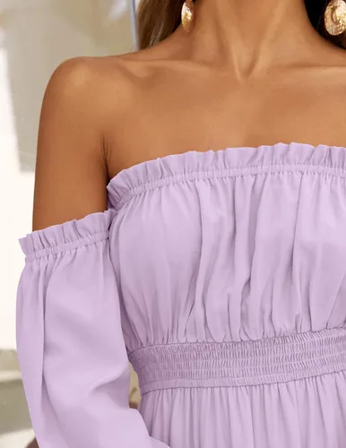 Vista 132 de ZESICA - Vestido largo, bohemio y sexy, con hombros descubiertos y manga larga fruncida, con elástico fruncido, cintura alta y abertura lateral