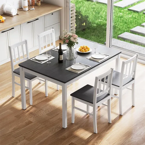 Vista 9 de Mesa y sillas de cocina de granja, juego de mesa de comedor para 4 Marrón retro