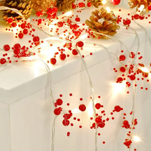 Vista 3 de Mosoan Guirnalda de 30 luces LED de Navidad de 10 pies, funciona con pilas, 2 modos de luz, guirnalda de bayas rojas iluminadas para árbol