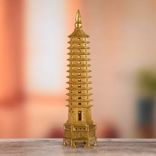 Vista 3 de Estatua de Feng Shui de latón Wenchang Pagoda Capa 13 Torre 11.8 "Longitud Escultura Oficina Hogar Escritorio Decoración Artefactos Atraer Carrera
