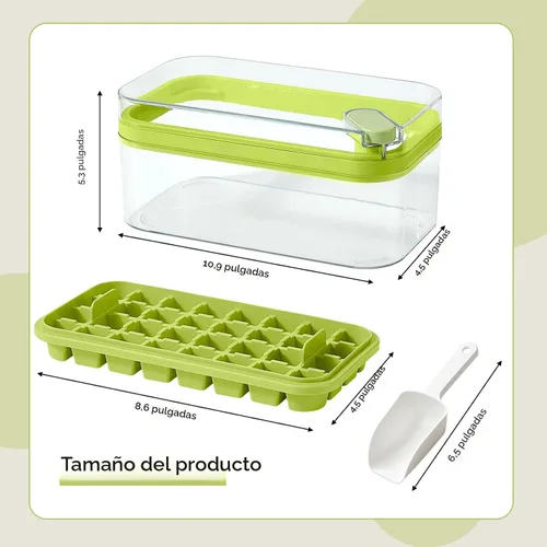 Vista 3 de Bandeja para cubitos de hielo con tapa y contenedor, paquete de 2 para congelador, molde para 64 cubitos de hielo (verde)