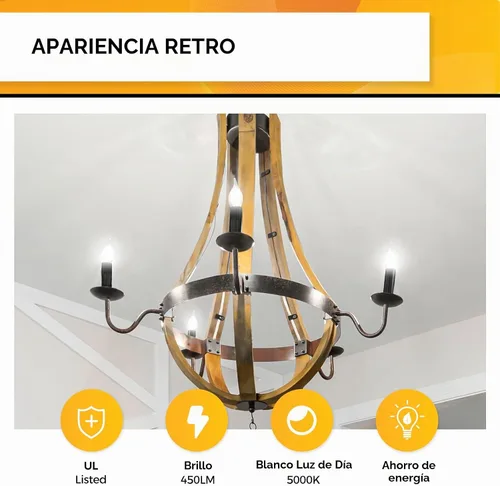 Vista 3 de Hizashi Bombilla de candelabro E12 de 40 W, bombillas LED de candelabro regulables CRI 90+, 4 W, 450 lm, 5000 K, luz blanca diurna, punta de llama