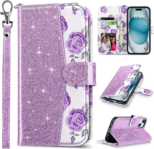 Vista 52 de ULAK Funda tipo billetera compatible con iPhone 15 para mujeres, funda tipo cartera con estampado floral de piel PU premium con porta tarjetas