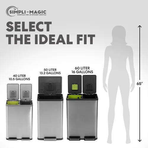 Vista 8 de SIMPLI-Magic Elegante bote de basura negro con pedal de 16 galones (60 litros), cubo de basura de cocina de doble compartimento con contenedores