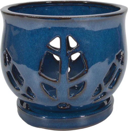 Vista 2 de W&W Maceta de orquídeas con agujeros y platillo para trasplantar, azul, 6.5 pulgadas