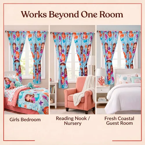 Vista 4 de Cortinas de sirena para dormitorio de niñas con caballitos de mar y estrella de mar; 4 cortinas temáticas de sirena para niños con 2 paneles de 82 x