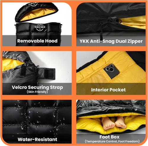 Vista 6 de 0 20 Degrees F Down Sleeping Bag for Adults,4 Season Rectangle Down Sleeping Bag for Camping Hiking Negro/Cremallera Izquierda