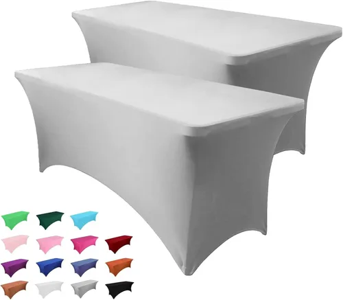 Vista 25 de Paquete de 2 manteles rectangulares de 4 pies para manteles rectangulares color gris azulado, elásticos, manteles de elastano para eventos