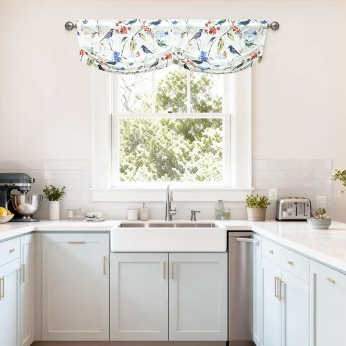 Vista 21 de Leeva - Cortinas pequeñas con estampado de pájaros, 24 pulgadas de largo, conjunto de paneles para ventanas, diseño de estampado de pájaros