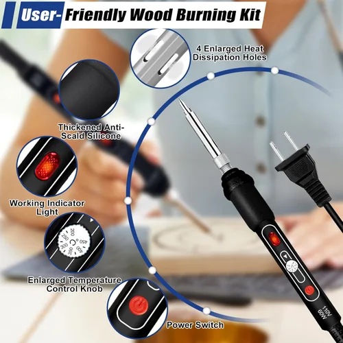Vista 5 de Kit de Combustión de Madera, 163 Piezas de Herramienta de Quemador de Madera con Letras y Números, Pluma de Pirografía con Control de Temperatura