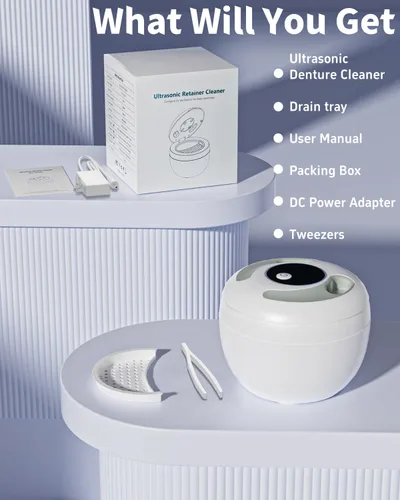 Vista 9 de Limpiador ultrasónico dental de 45 kHz, limpiador de dentaduras UV con 4 modos de temporizador digital, cápsula de limpieza UltraSonic portátil