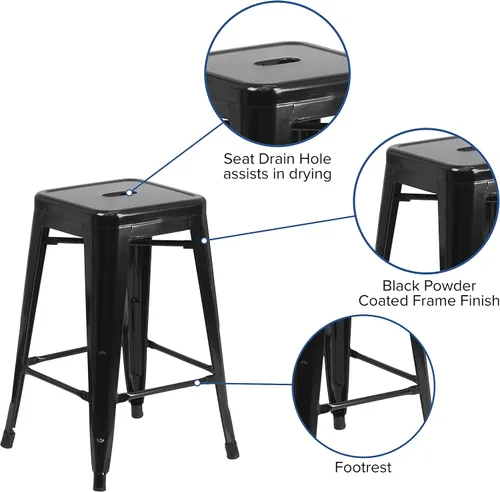 Vista 4 de Taburete de 24 pulgadas de alto para interior y exterior con asiento cuadrado., Metal, Negro