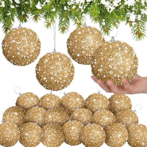 Vista 25 de Lyrow 24 piezas 3.15" Juego de adornos de bola de Navidad con purpurina, bola de espuma con lentejuelas colgante, decorativa, en masa, para árbol