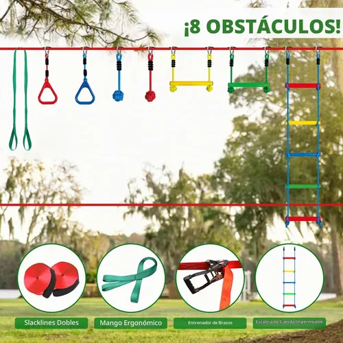 Vista 2 de Dripex Carrera de obstáculos Ninja Warrior para niños, líneas de holgura de 2 x 50 pies para patio trasero con 8 accesorios ninja, barra de mono