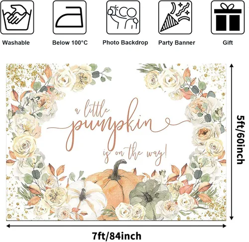 Vista 4 de Avezano Telón de fondo de calabaza para baby shower con texto en inglés "A Little Pumpkin is On The Way", decoración de fiesta de baby shower