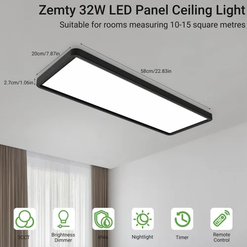 Vista 2 de zemty Luz LED de panel plano con control remoto de 22.8 x 7.8 pulgadas, 32 W, 3500 lúmenes, temperatura de color 3000 K-6500 K, lámpara de techo