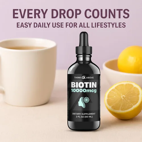 Vista 6 de Think Above Biotina líquida de 10,000 mcg con vitamina C - Soporte para cabello, piel y uñas de alta potencia - Gotas de biotina de absorción rápida